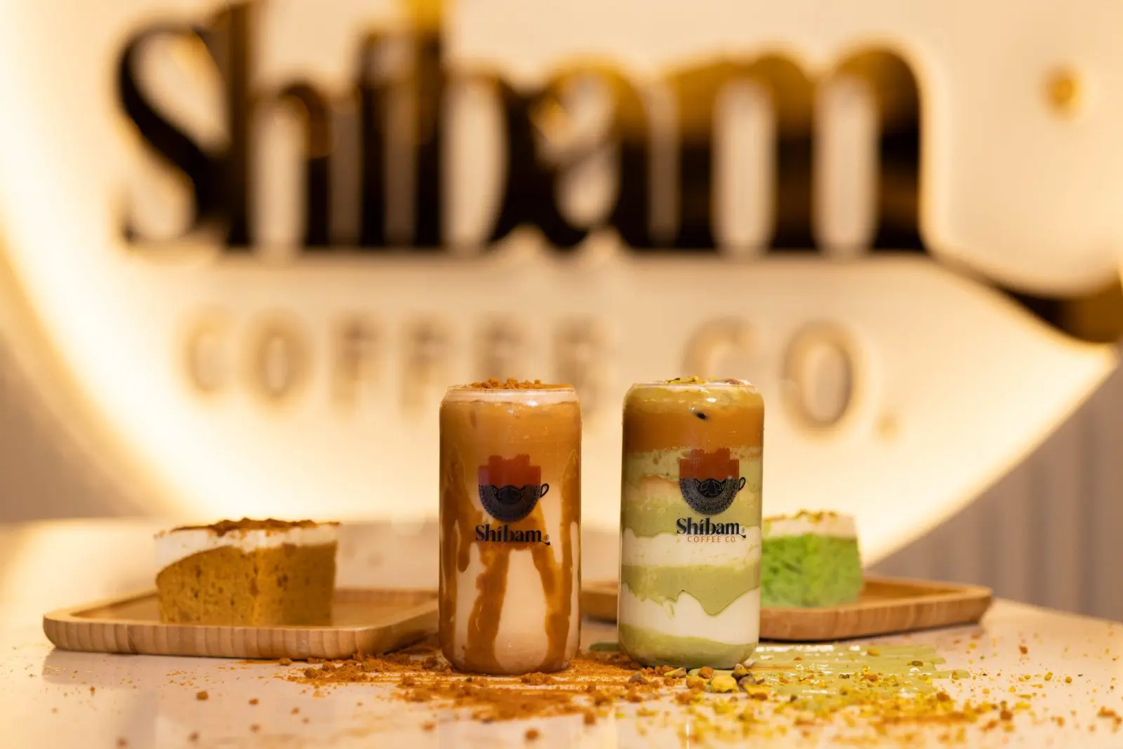 Specialty drinks and cake at Shibam Coffee